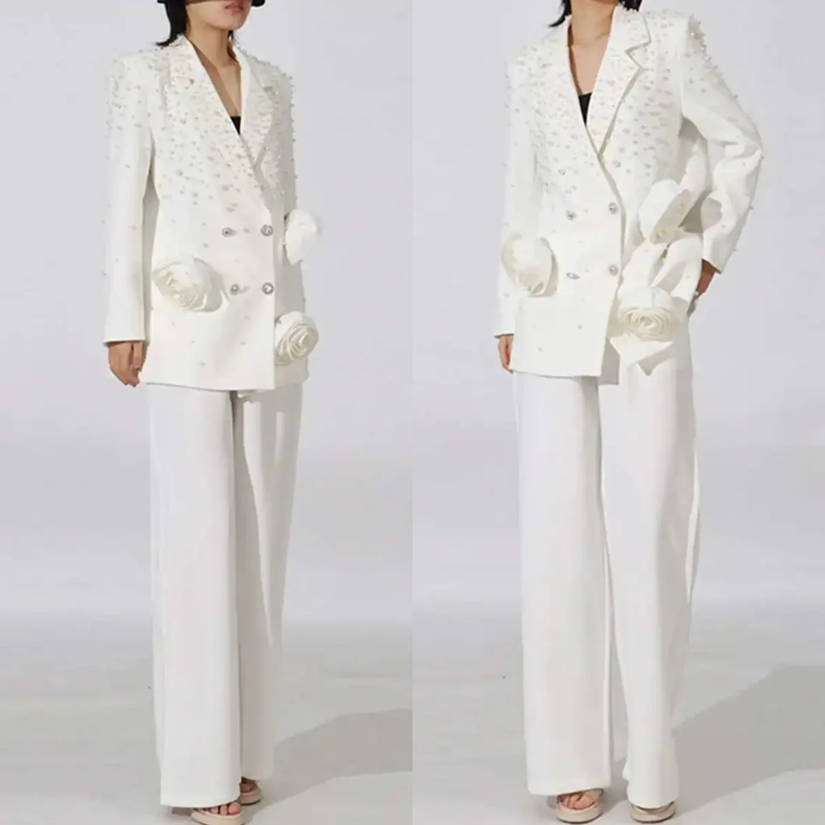 Elegant Pearls Women's  Blazer Double Breasted Plus Size Jacket Sets Hand Made Flowers 2 Pieces Customized Formal Party