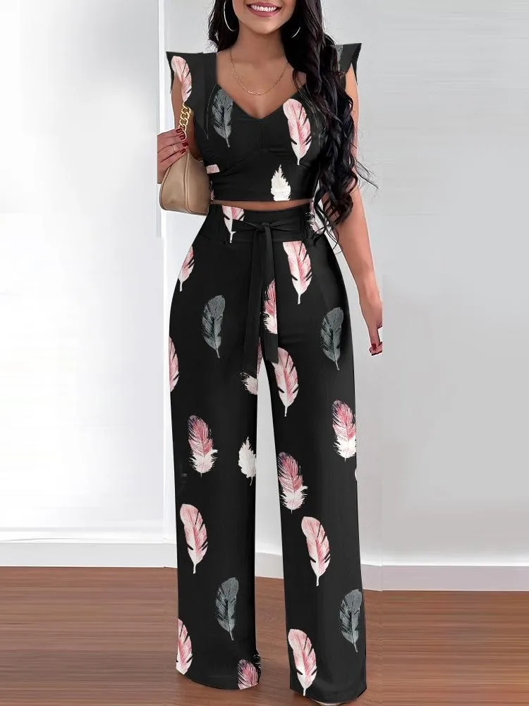 Sexy V Neck Sleeveless Shirt Long Pant Set Office Lady Spring Summer Print Blouse Pants Two Piece Sets For Women Outfit 2023