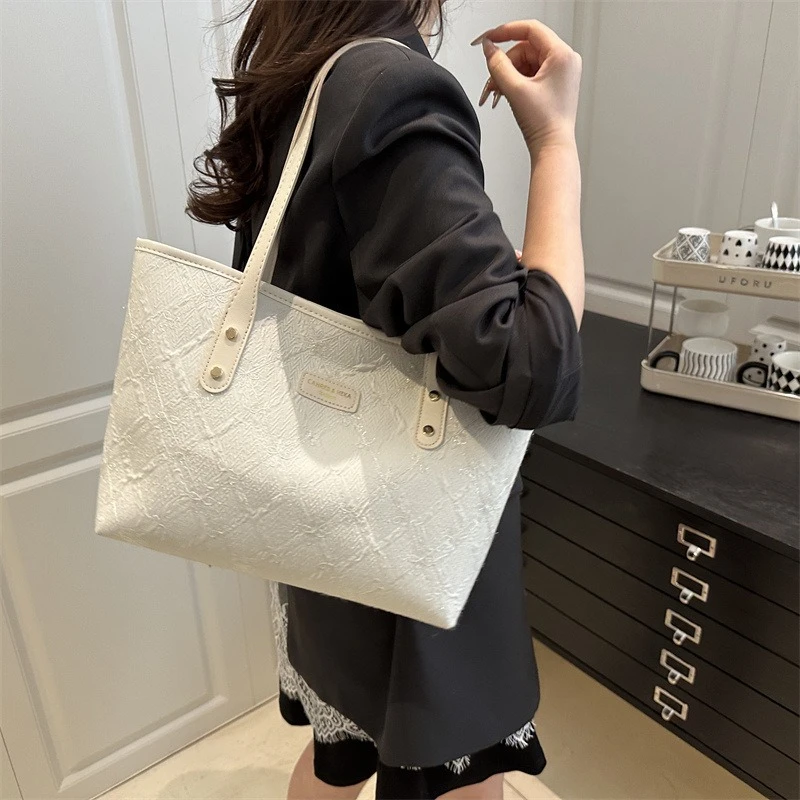 Minimalist Tote Shoulder Bag for Women, Sweet Lace Large Capacity Handbag with Leather Strap, Casual Underarm Purse,For Commute