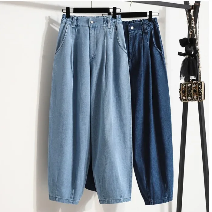 New High Waist Harlan Jeans Long Pants Slimming Effect Washed Denim Capri Pants Autumn Collection Women's Fashion Deep Blue