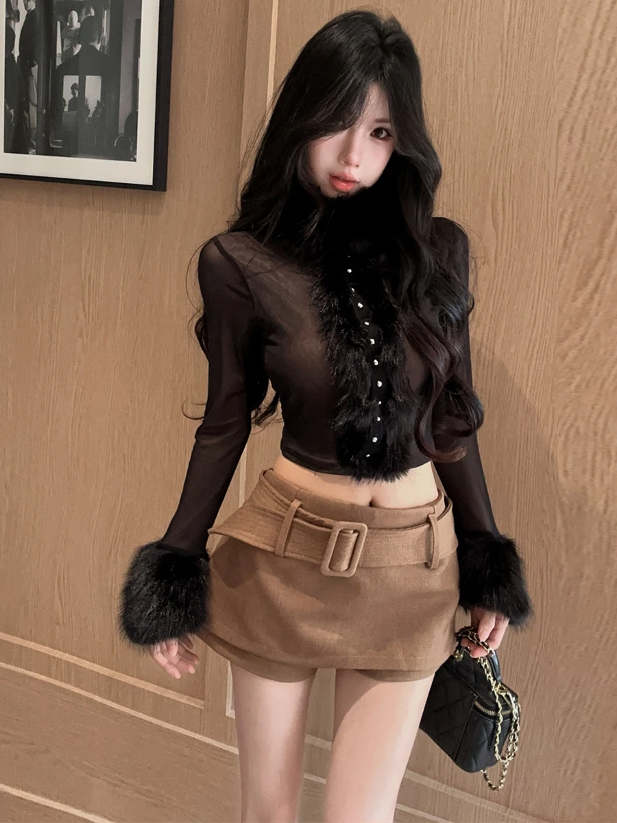 Autumn Winter Mesh Splice Long Sleeve Slimming Short Top High Waist Skirt Pants Two Piece Set Sexy Style Polyester Fabric