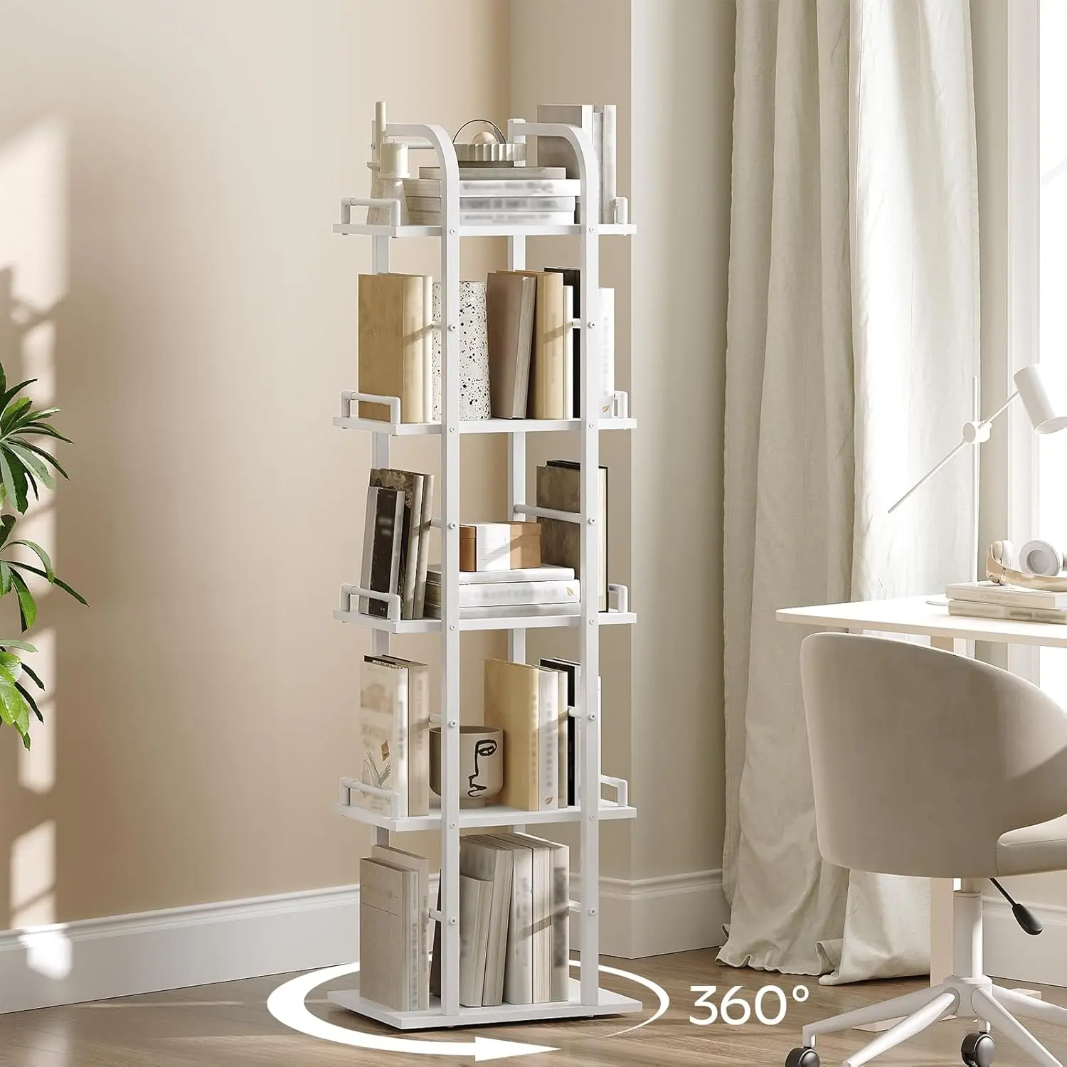 5 Tier Rotating Bookshelf, Freestanding Corner Bookshelf, 360 Spinning Bookcase Tower, Tall Industrial Style Organizer,