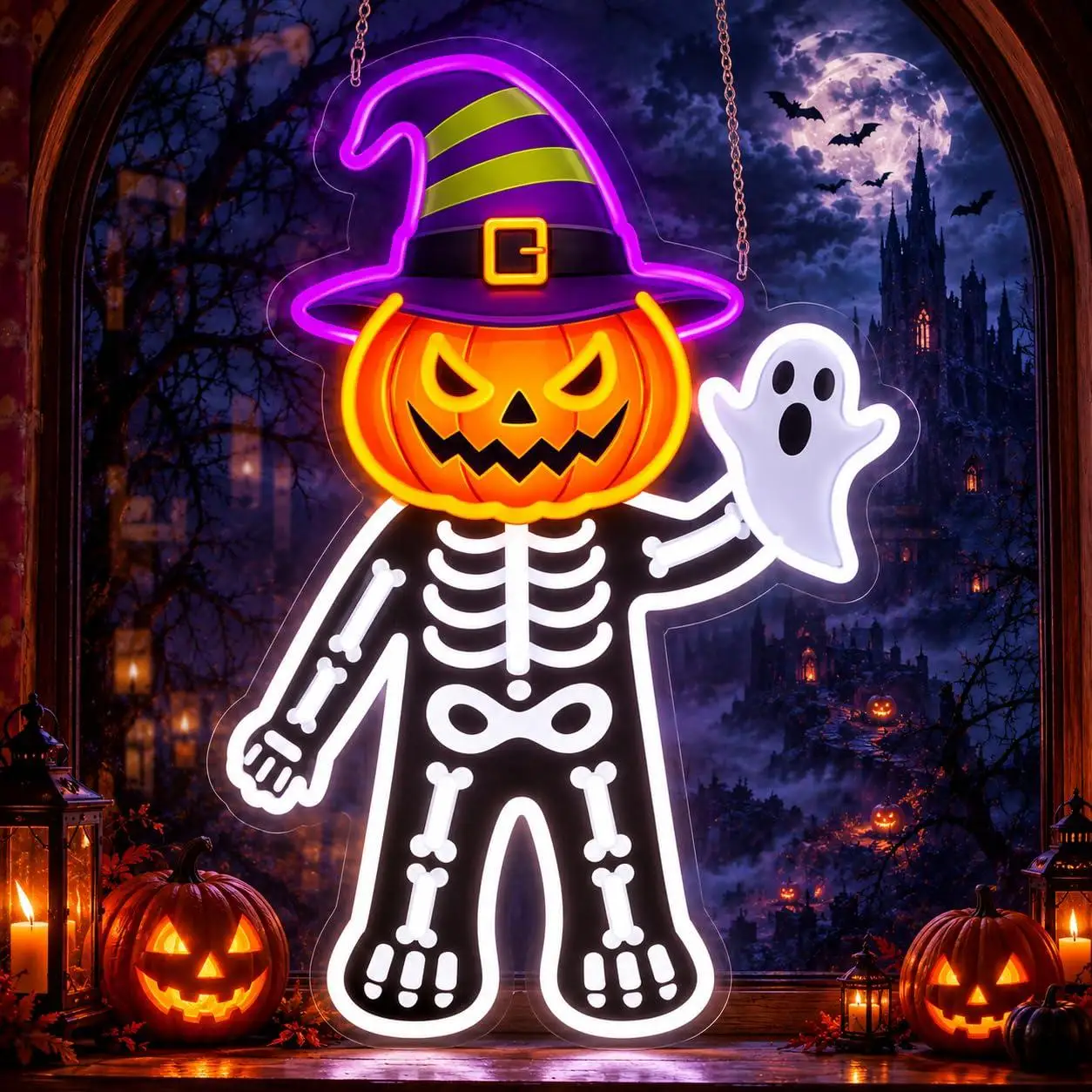 Pumpkin Skeleton Neon Sign Halloween Led Light For Window Bedroom Dorm Haunted House Party Holiday Decoration Ambient Lighting