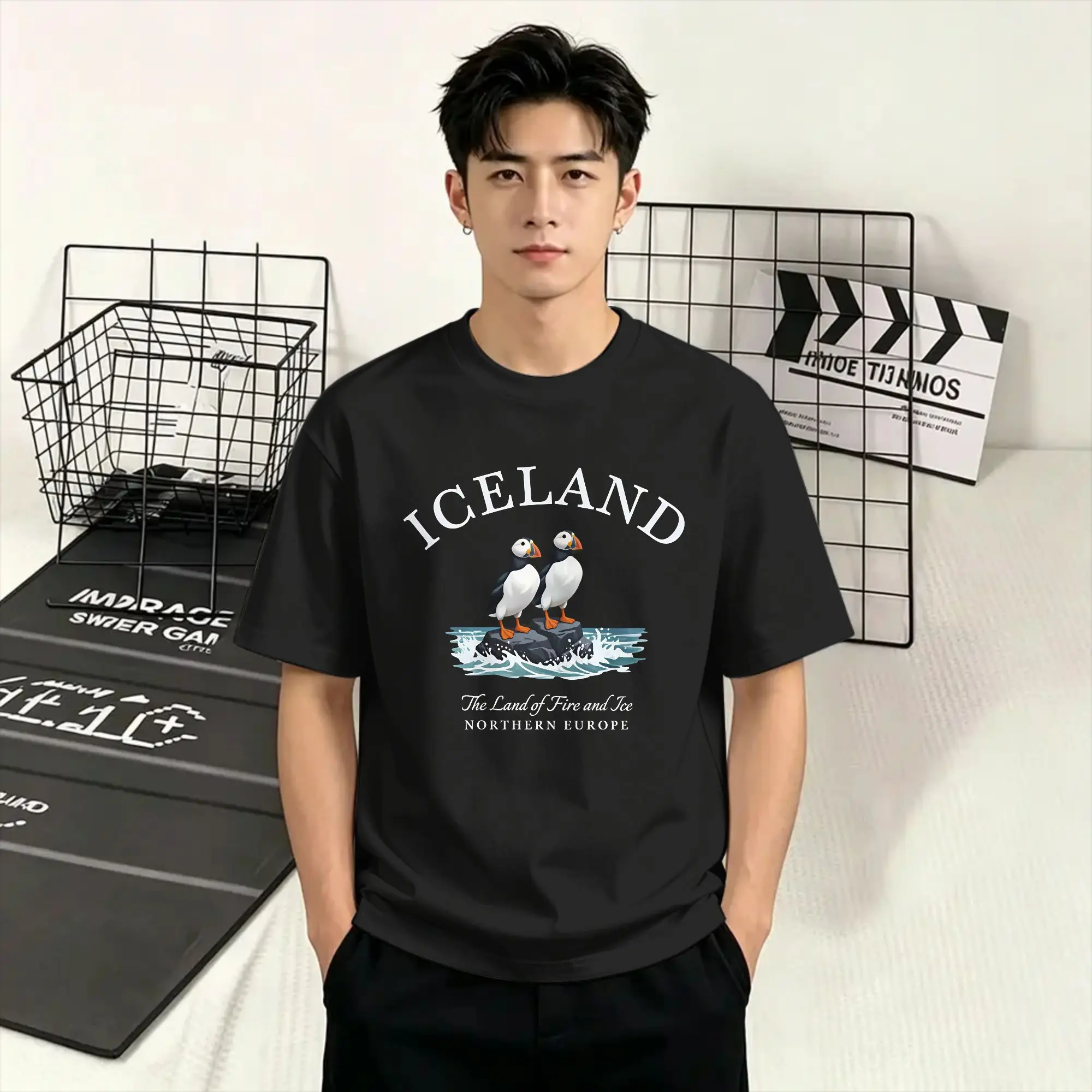 Harajuku T Shirt Beach Iceland Trending T-Shirts Puffin Bird Land of Fire and Ice Cotton Tshirt Adult Y2K Plus Size Short Sleeve