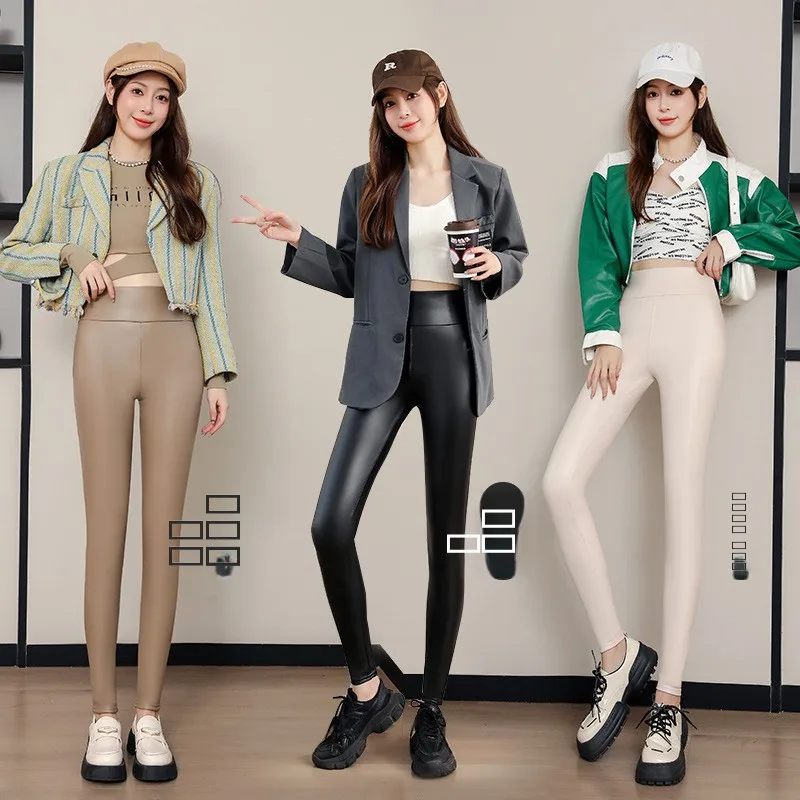 Calças Femininas de Couro PU de Cintura Alta, Forradas, Modeladoras, Tamanho Grande, Justas e Quentes para Outono e Inverno