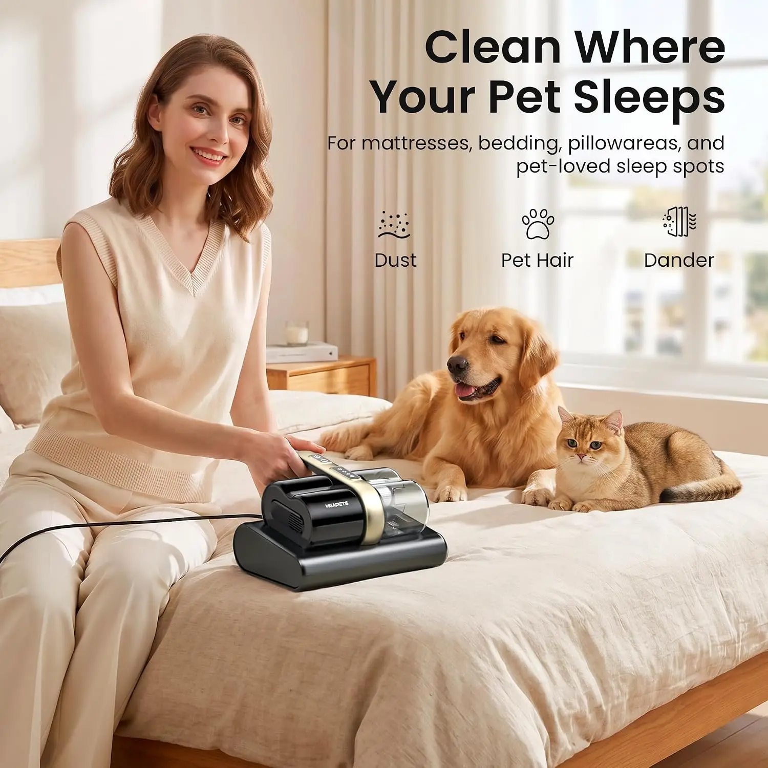 Mattress Vacuum Cleaner, 16Kpa Bed Vacuum with 275nm UV-C Light & 149℉ Heat & Ultrasonic, Dual High-Speed Roller Brushes & H13 H