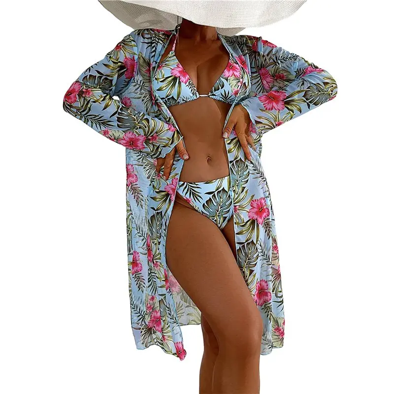 

Женский комплект для плавания CYL из 3 предметов: бикини с высокой талией, сетчатая накидка и рубашка с длинным рукавом для защиты от солнца