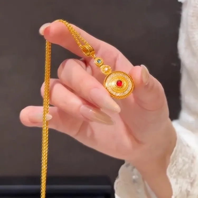 

High-end jewelry 24K real gold Chinese-style point diamond hundred-turn Chengxiang necklace au9999 pure gold rotatable pendant