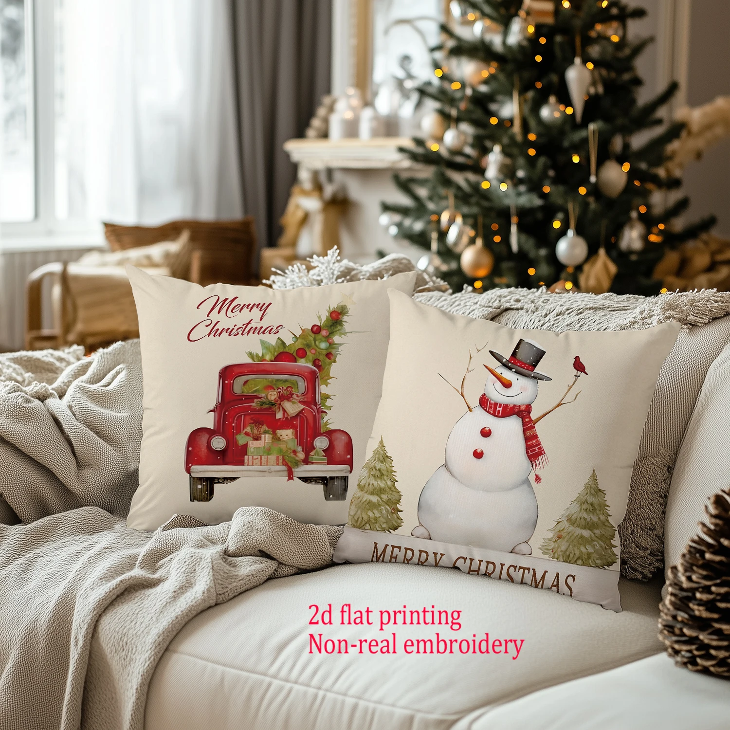 4pcs Flat Printing Merry Christmas Cushion Covers, Snowman Non-real Embroidery Winter Home Decor Throw Pillow Covers