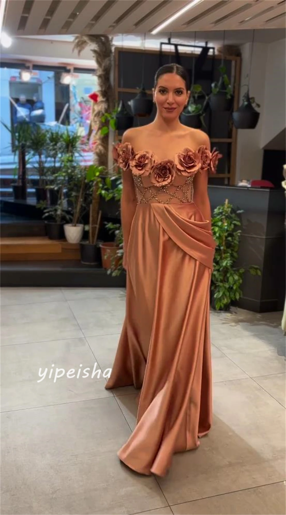 Customized es Flower Draped Pleat Beading Beach A-line Off-the-shoulder Bespoke Occasion Gown Long Dresses