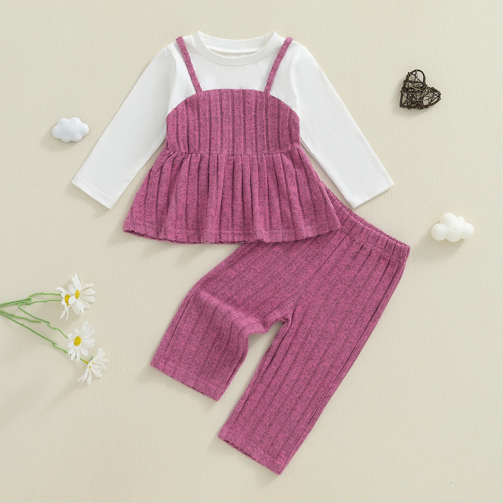 

Комплекты из двух предметов для маленьких девочек, топы из двух предметов с длинными рукавами и круглым вырезом, расклешенные брюки, осенняя модная одежда для детей 0–3 лет