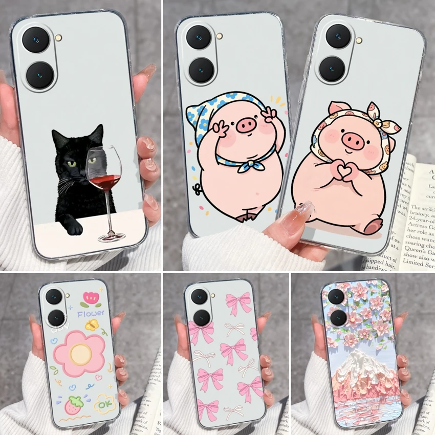 

Wine Glass Black Cat Patterns Phone Case For Vivo Y03t Y02t Y02s Y02A 4G Coque Soft TPU Anti Drop Luxury Clear Protection Covers