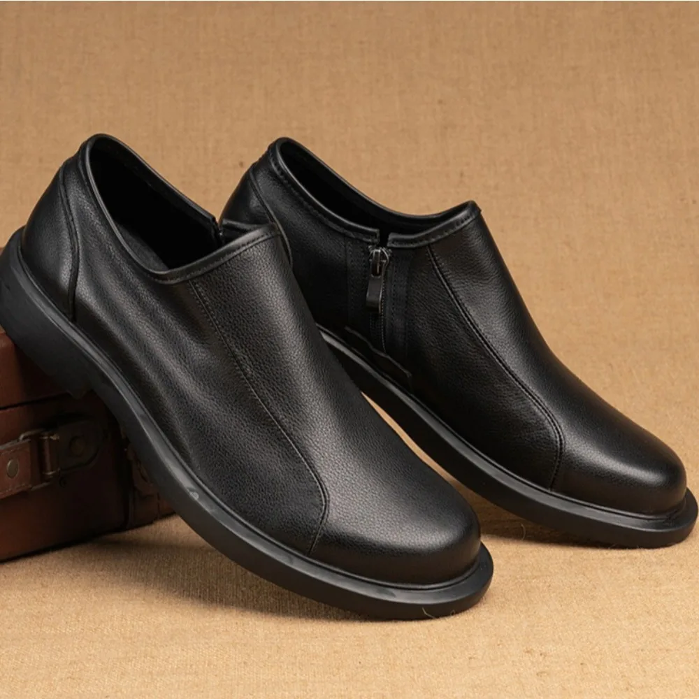 

Men's Leather Shoes Spring Autumn Low-top Flanged Casual Leather Shoe New Side Zipper Soft Sole Casual Business Wedding Shoes