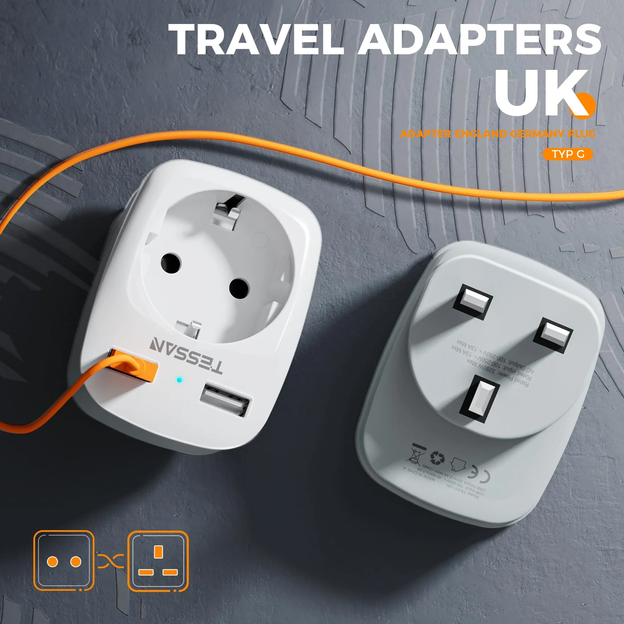 TESSAN UK Power Adapter with 1 Outlet and 2 USB Ports 3-in-1 Multi Outlet Adapter with Smart Plug Italy Spain France To England