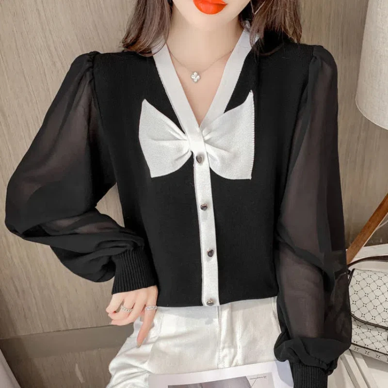 

Spring Autumn Bow Patchwork Temperament Sweaters Long Sleeve Solid V Neck Elegant Pullovers Tops Fashion Vintage Women Clothing