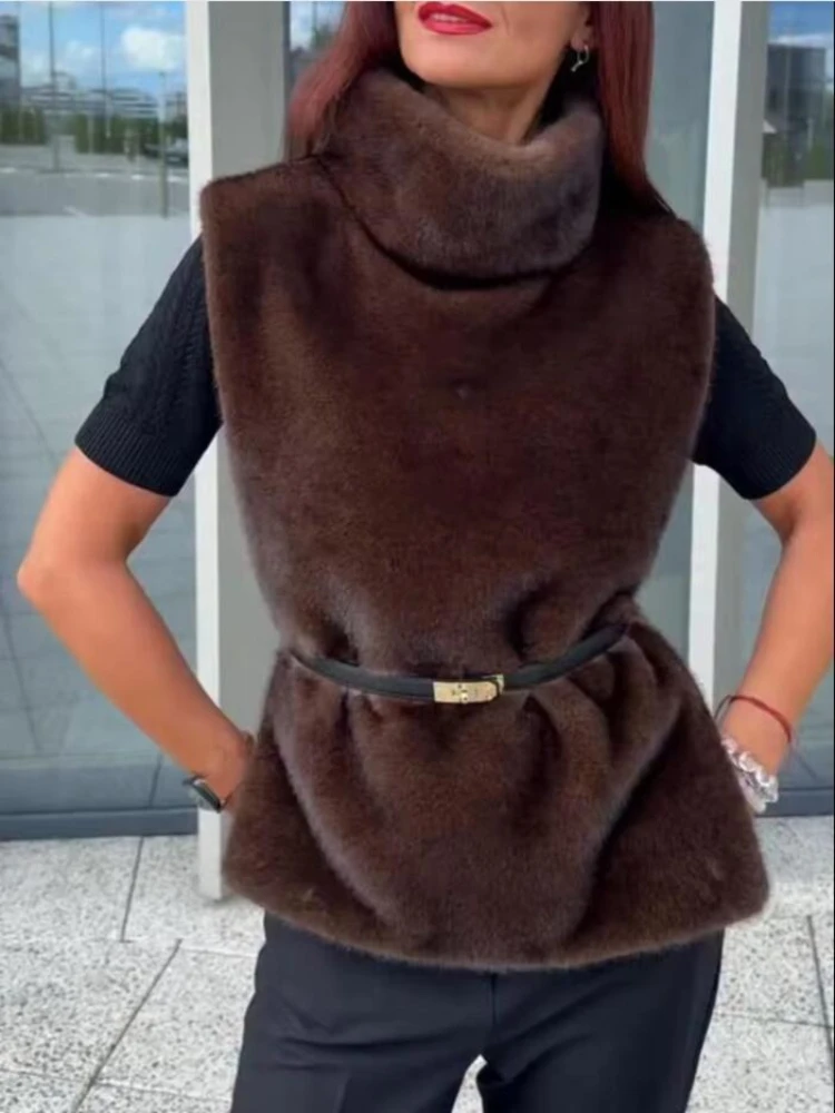 

New Autumn Winter Turtleneck Faux Fur Sable Vest Crop Top Eco Faux Mink Fur Tank Tops Sleeveless Jacket Coat
