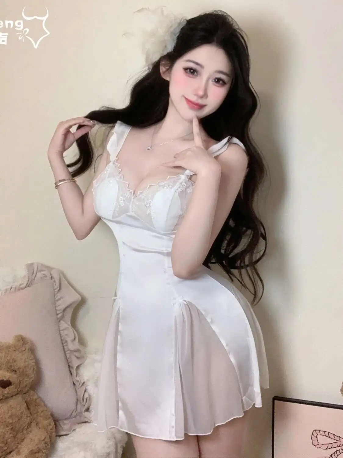 بيجامة مثيرة للنساء رغبة نقية من الدانتيل بحمالات ثوب نوم مثير بيجامات حلوة بلون سادة ملابس منزلية رفيعة فستان أنيق D01U