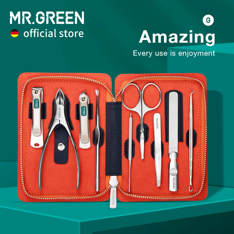 MR.GREEN zestaw do Manicure 9 w 1. profesjonalny praktyczny zestaw ze skórzanym etui. Obcinacz do paznokci ze stali nierdzewnej. Narzędzie do higieny osobistej