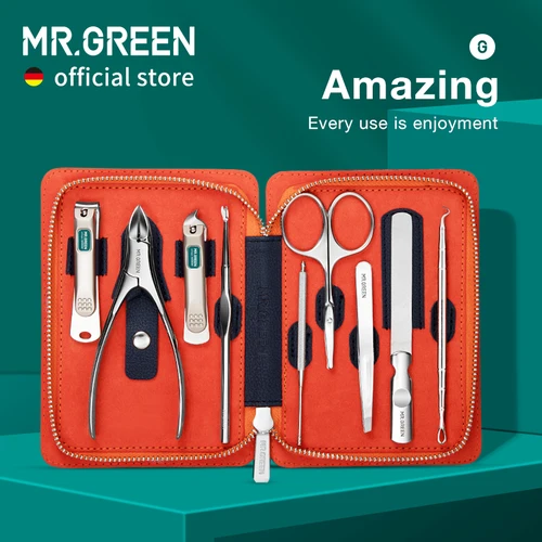 MR.GREEN-Juego de manicura 9 en 1, Kit práctico profesional con Funda de cuero, cortaúñas de acero inoxidable, herramienta de cuidado Personal
