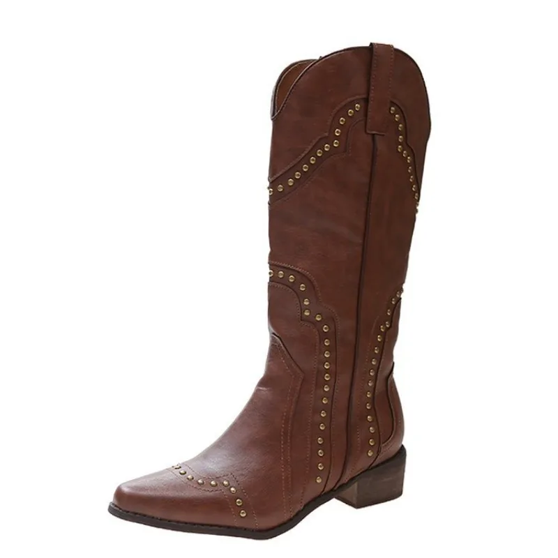 Retro Cowgirls Boots Designer Woman High Boots Fashion Pointed Toe Long Boot Shoes Ladies Elegant Rivet Women\'s Knight Bootties
