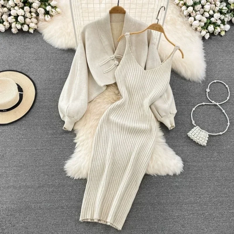 Women\'s Vintage Autumn Winter Short Sweater Tank Midi Dress Two Piece Set Lady Knit Long Sleeve Coats Sleeveless Dresses Outfits