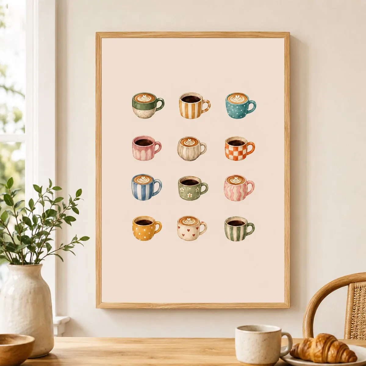 2D Flat, 2D Flat, 1pc Watercolor Coffee Cup Pattern Wall Art Rustic Farmhouse Style Unframed Canvas Printing Modern Home Deco