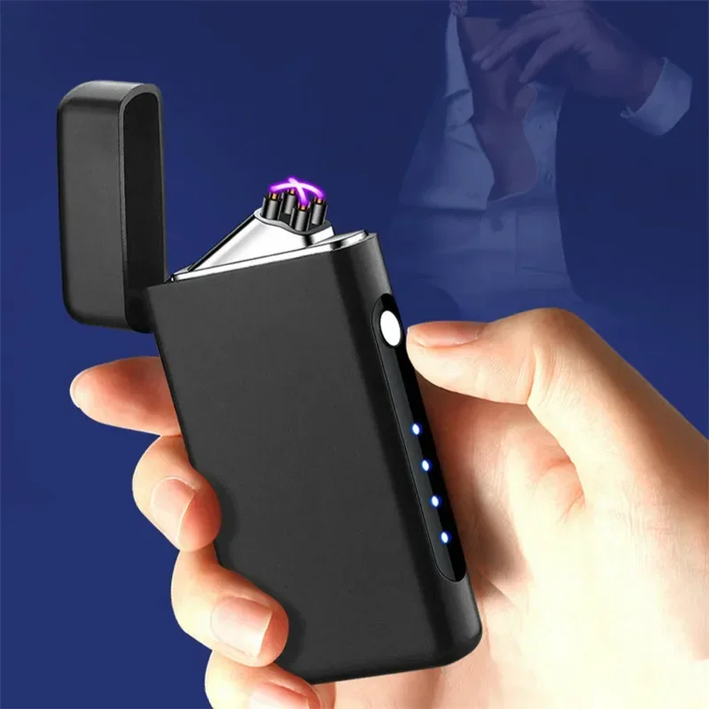 Hot Type-C Electric Double Arc Touch Sensing USB Lighter Men\'s Business Outdoor Windproof Power Display Pulse Lighter Wholesale