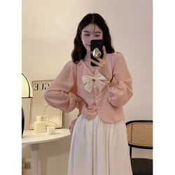 MEXZT S-3Xl Elegant Bow Shirts Women Sweet Pink Puff Long Sleeve Blouses Korean Fashion White V Neck Pearl Buttons Crop Tops New