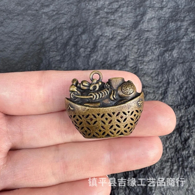 Antiqued Brass Hollowed-Out Ingot Pixiu Keychain Pendant