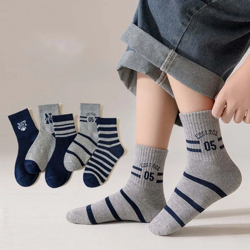 5 Paar/Set RAISE Herbst Kindersocken für Jungen 2-12 Jahre, Sportsocken mit Schriftzug, Schmutzabweisende Mittellange Socken, Absorbierende Babysocken – Detail 1