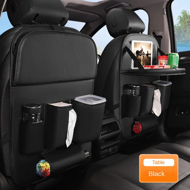 

Car Seat Back Organizer With Foldable Table Tray Leather Auto Backseat Hanging Tissue Cup Holder Pockets Trash Can Bin Storage