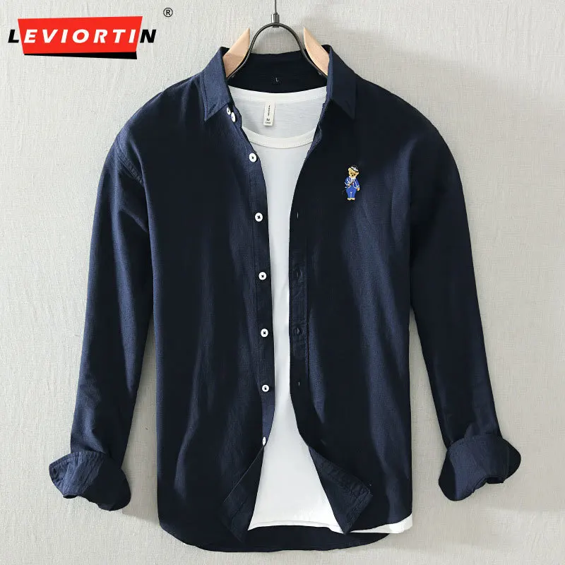 Cotton Japanese retro embroidered teddy bear casual shirt for men in spring loose and simple Hong Kong style long sleeved shirt