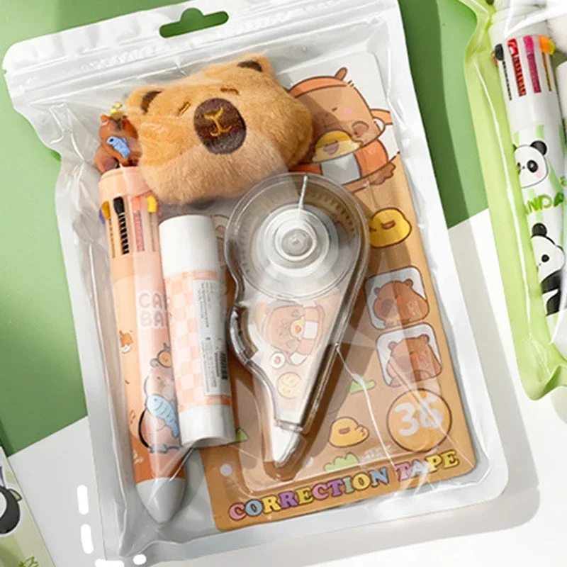 4Pcs/Pack Capybara Stationery Set Cute Animal School Supplies Gift Multi Pen Correction Tape Glue Stick Plush Badge