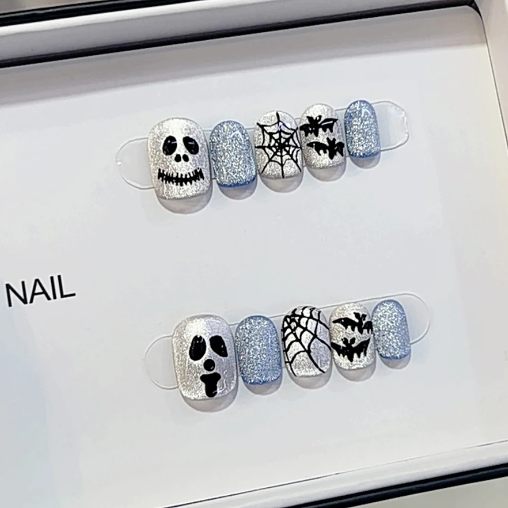

10pcs Short Square Halloween Ghost Bat Cobweb Press On Nails Cute Crystal Cat Eye Wearable Nail Full Cover Nails Decor Art