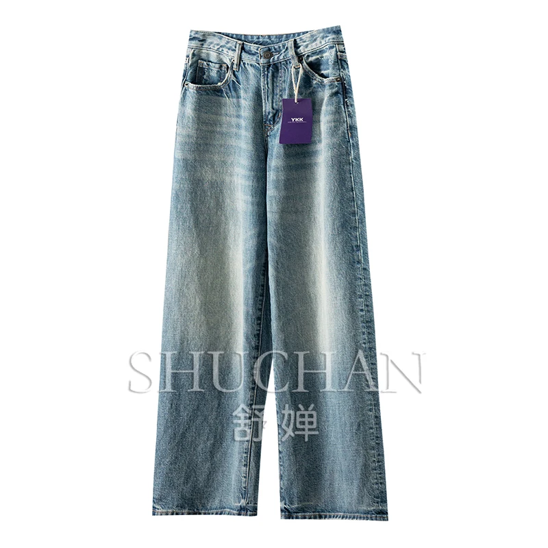 

Early Autumn, Turkish Denim, French Washed Blue 100 Cotton High Waist Straight Wide Leg Pants Women's 64C5