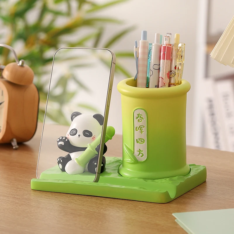 Cute Panda Pen Holder With Phone Stand Resin Desktop Organizer Pencil Cup Student Office Desk Stationery Decor