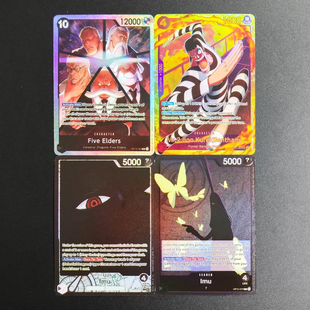 

4Pcs Proxy ONE PIECE Card English Five Elders Imu Mr.2.Bon.Kurei Bentham Super Rare Collectibles Card Single Classic Anime Cards