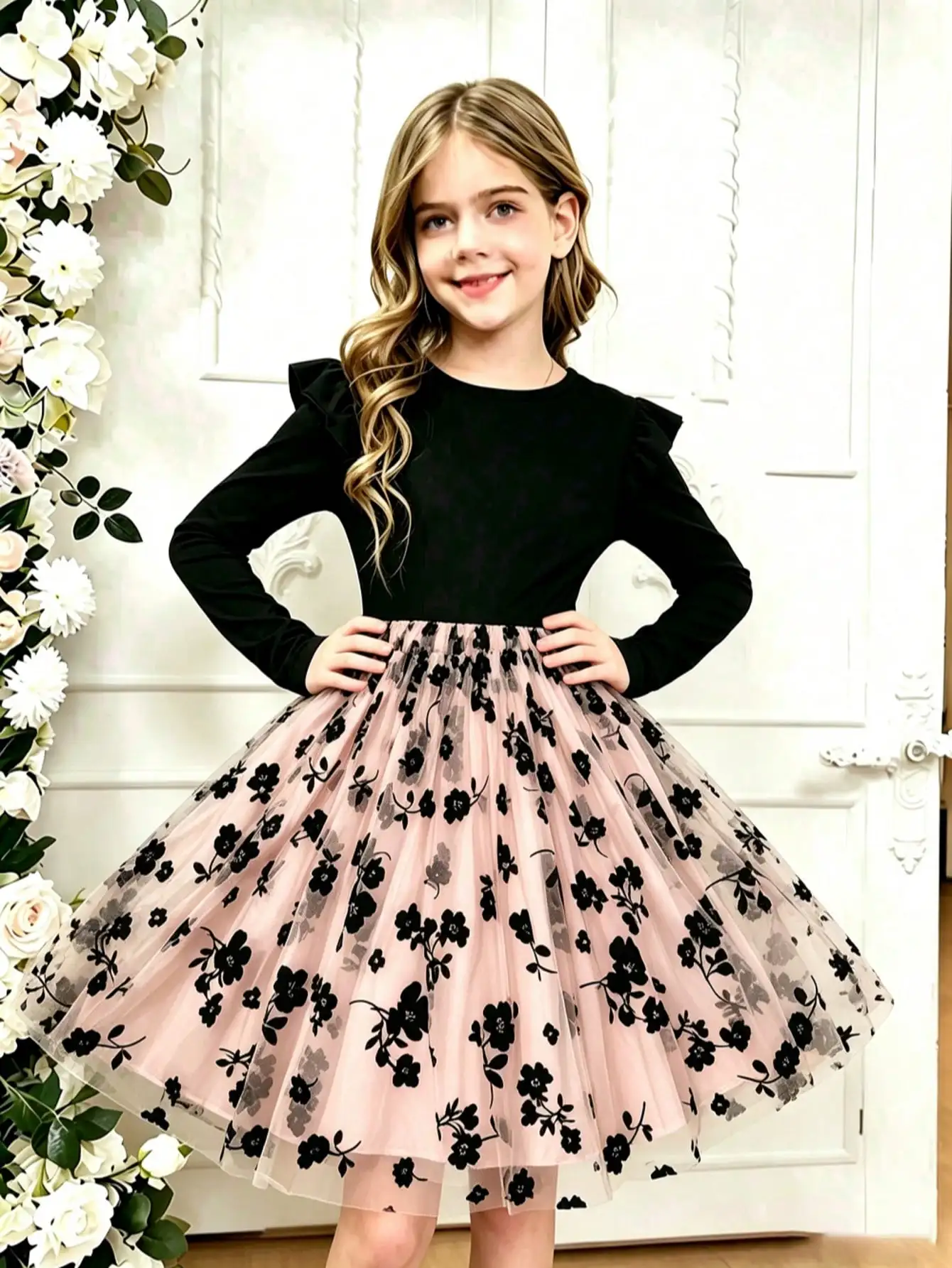 Mädchen-Freizeitkleid mit Rundhalsausschnitt, Netzstoff, Blumenmuster, Herbst, Seitlich Verlängerte Ärmel, Lässige Kinderkleidung – Detail 6