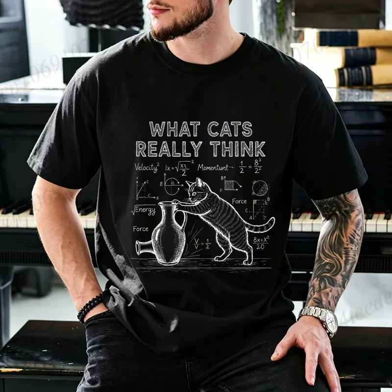 Men's and women's 100% pure cotton T-shirt with scientific cat print, loose and breathable summer sports T-shirt, street style