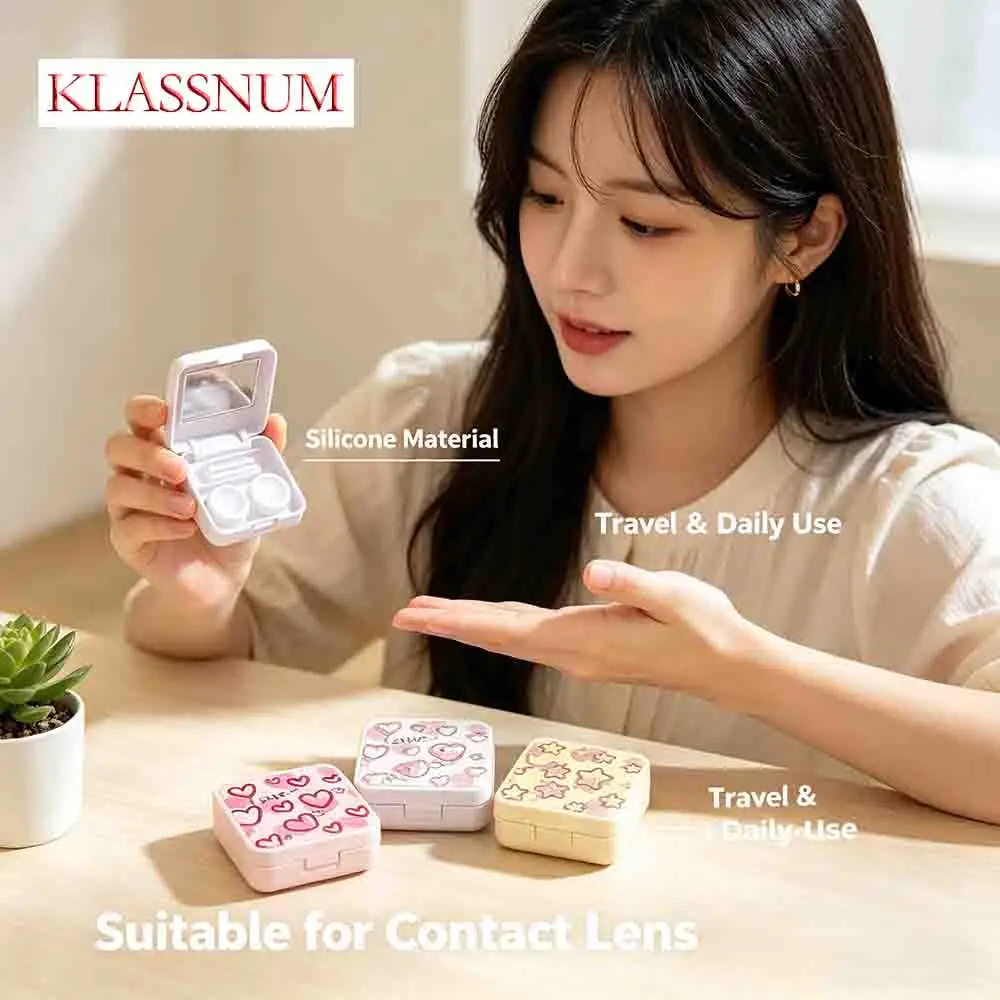 KLASSNUM Contact Lens Case Travel Kit Portable Cute Storage Star Pattern Tweezers Suction Mini Container Girls Gift Eye Care