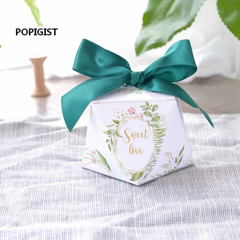 100pcs European diamond shape Green forest style Candy Boxes Wedding Favors Bomboniere paper thanks Gift Box Party Chocolate box