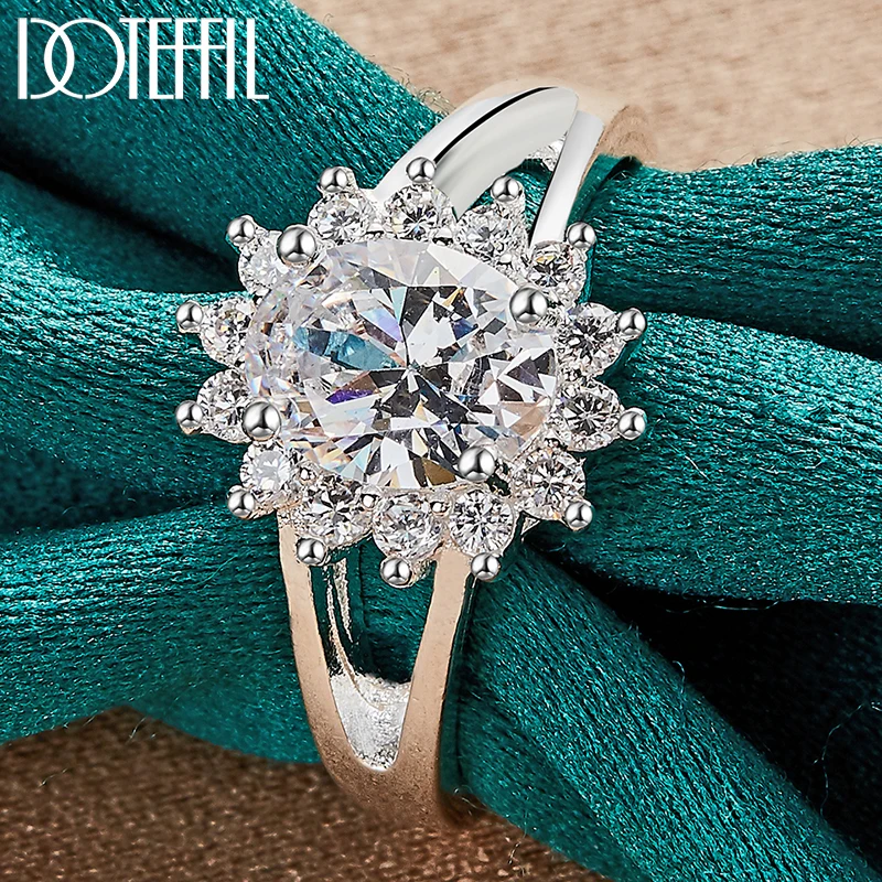 DOTEFFIL 925 Sterling Silver Crystal AAA Zircon Sun Ring Dla kobiet Moda Ślub Zaręczyny Impreza Prezent Urok Biżuteria