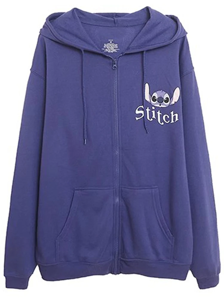 Disney Sweatshirt Front Back Stitch Little Monster Letter Cartoon Print Women Zip Hooded Fleece Tops + Trousers Pants 1 Sets