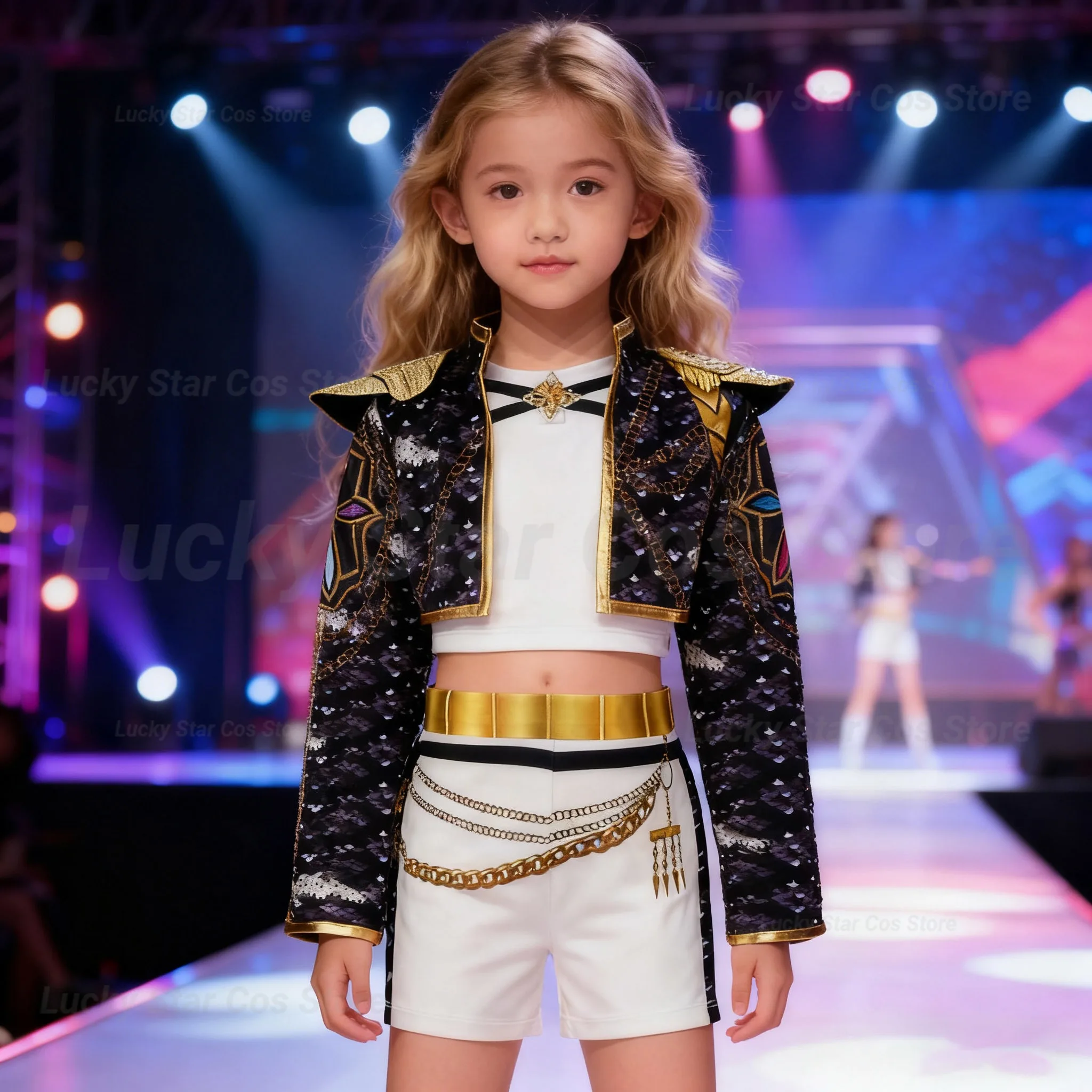 

Children's K-pop Demon Hunter Rumi Cosplay Costume Anime Girls' Golden Black Role Play Outfit Stage Performance & Halloween Sets