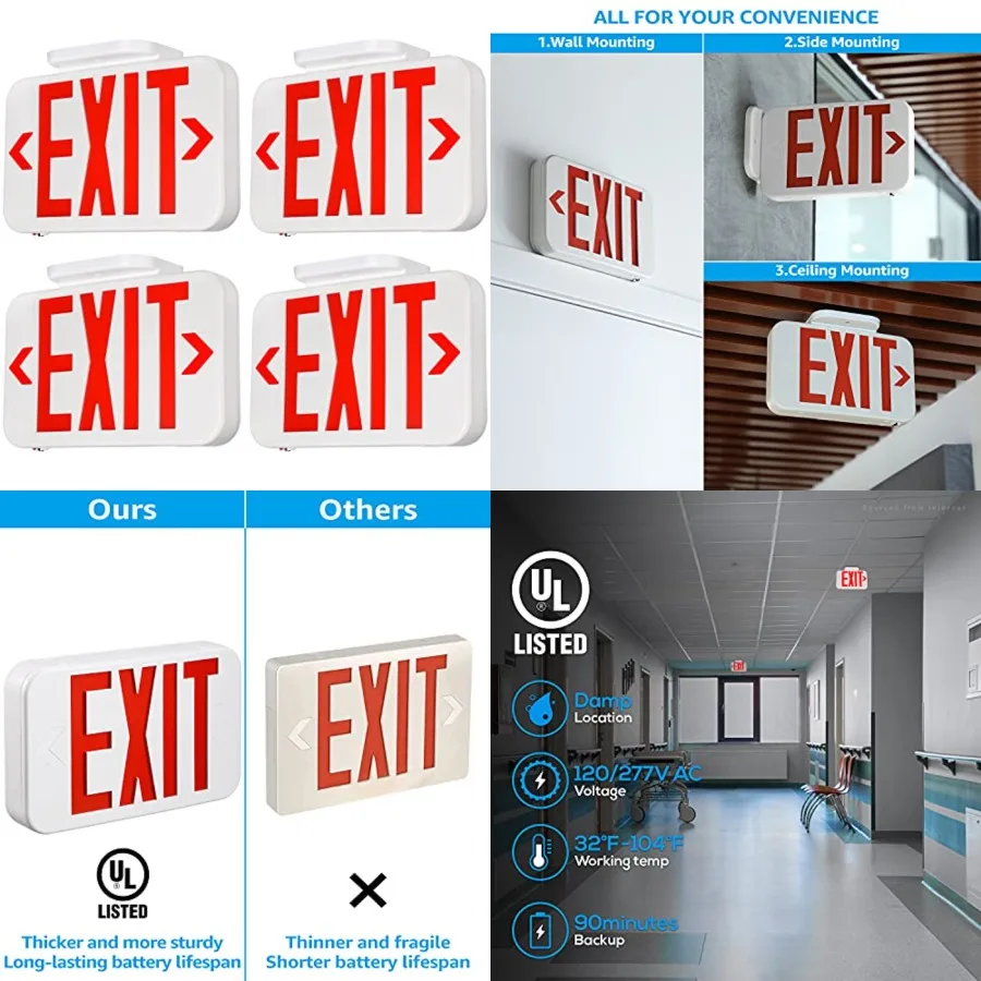 

LED Exit Sign, Emergency Exit Light with Battery Backup, Double Face, UL 924, AC 120/277V, Damp Location, Hardwi Letter Exit Li