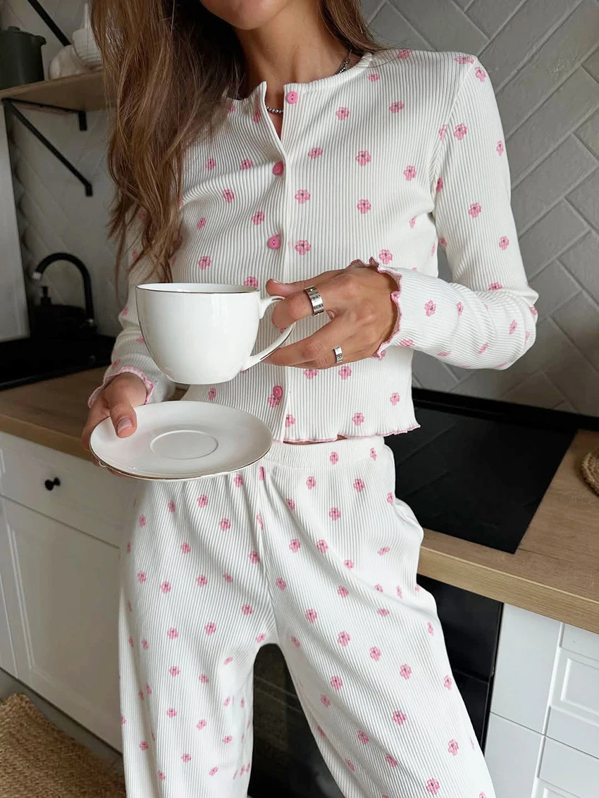 

Marthaqiqi Casual Female Pajamas Suit O-Neck Nightie Crop Top Sleepwear Long Sleeve Nightgowns Pants Printing Women Home Clothes