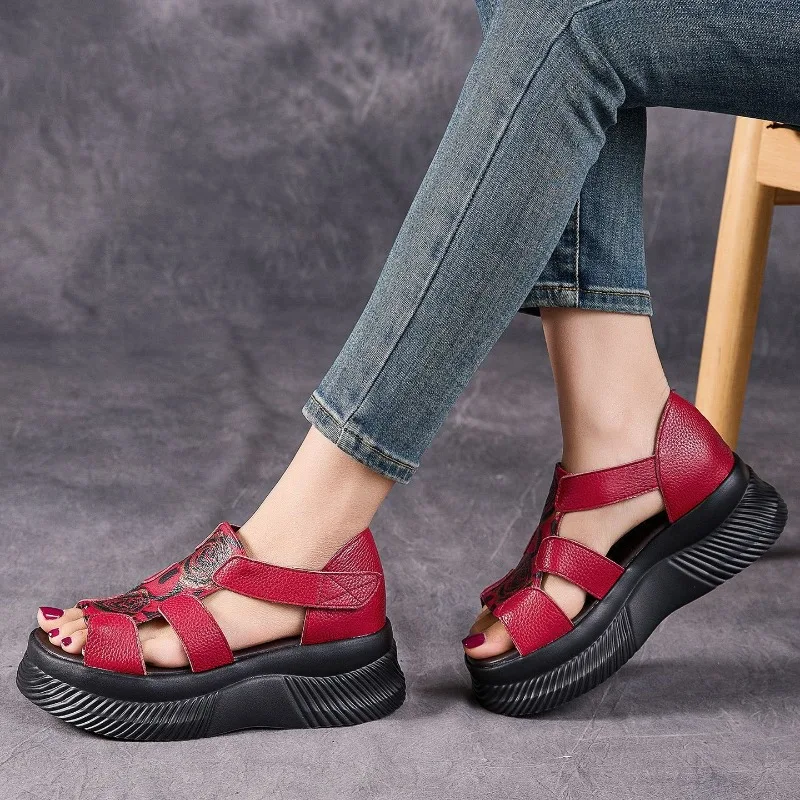 6cm Cow Genuine Leather Flats Mary Jane Elthnic Platform Wedge Peep Toe Comfy Hook Shoes Fashion Pumps Chunky Heels Women view 4