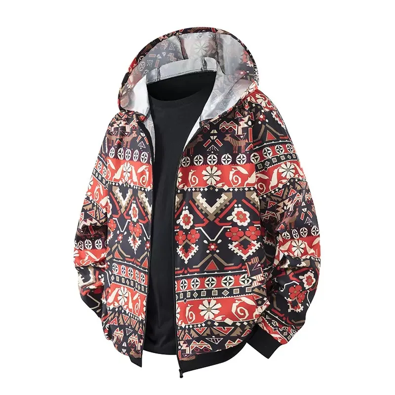 Autumn and Spring New Fashion Trend Print Windproof Hooded Jacket Men's Casual Loose Sports High Quality Plus Size Coat S-2XL