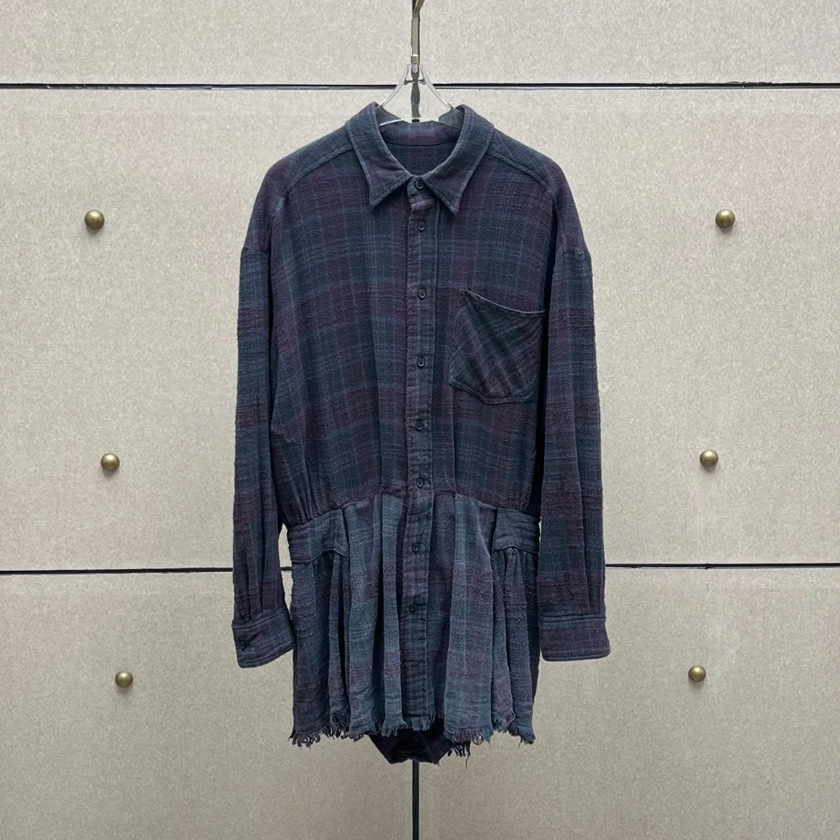 High Quality Women Vintage Purple Plaid Long Sleeve Shirt Romper Elastic Waist Raw Hem Fringe Jumpsuit