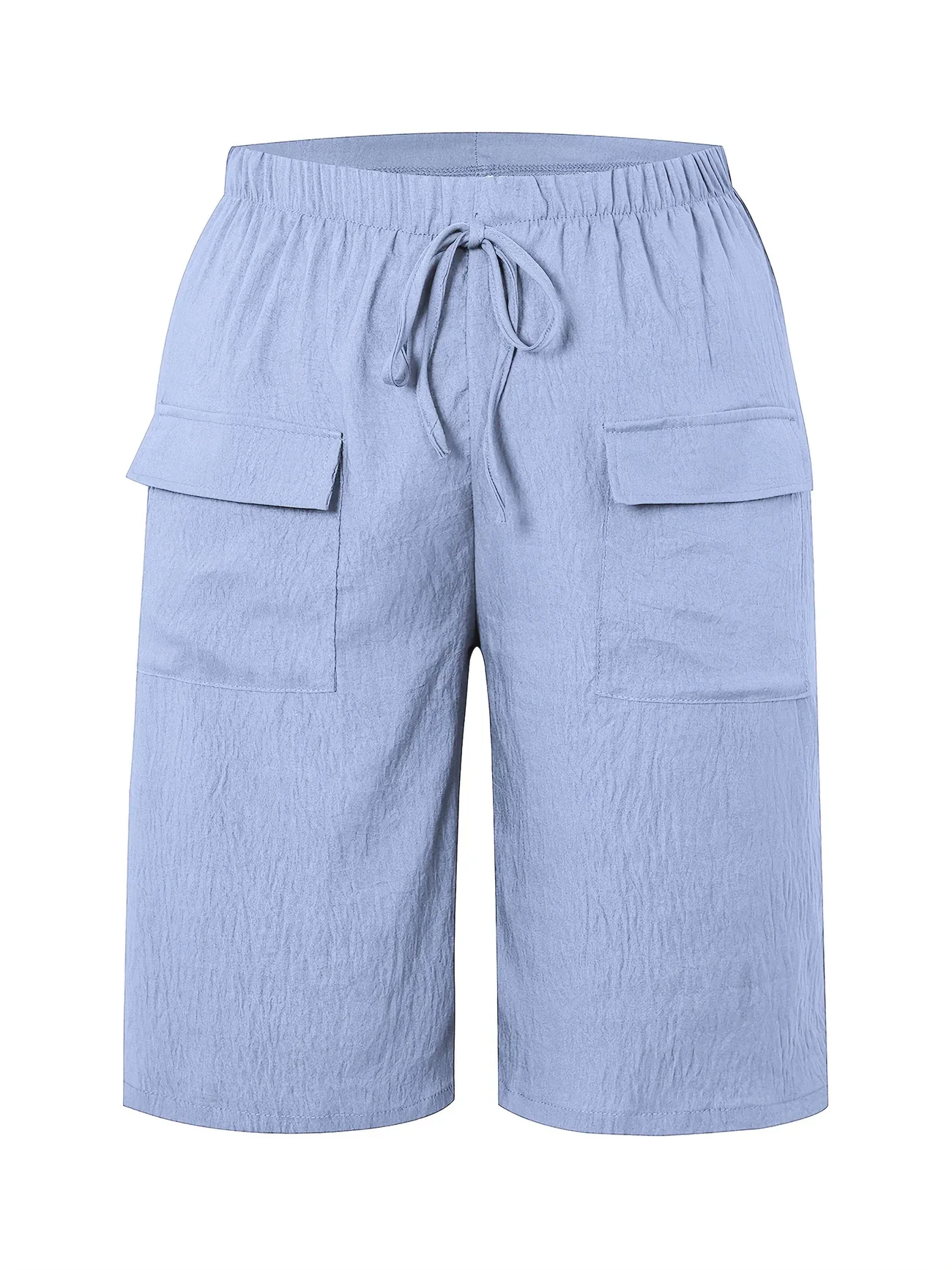 2026 New Summer Autumn Knee Length Drawstring Elastic High Waist Short Style Women's Pockets Casual Solid Color Shorts Pants